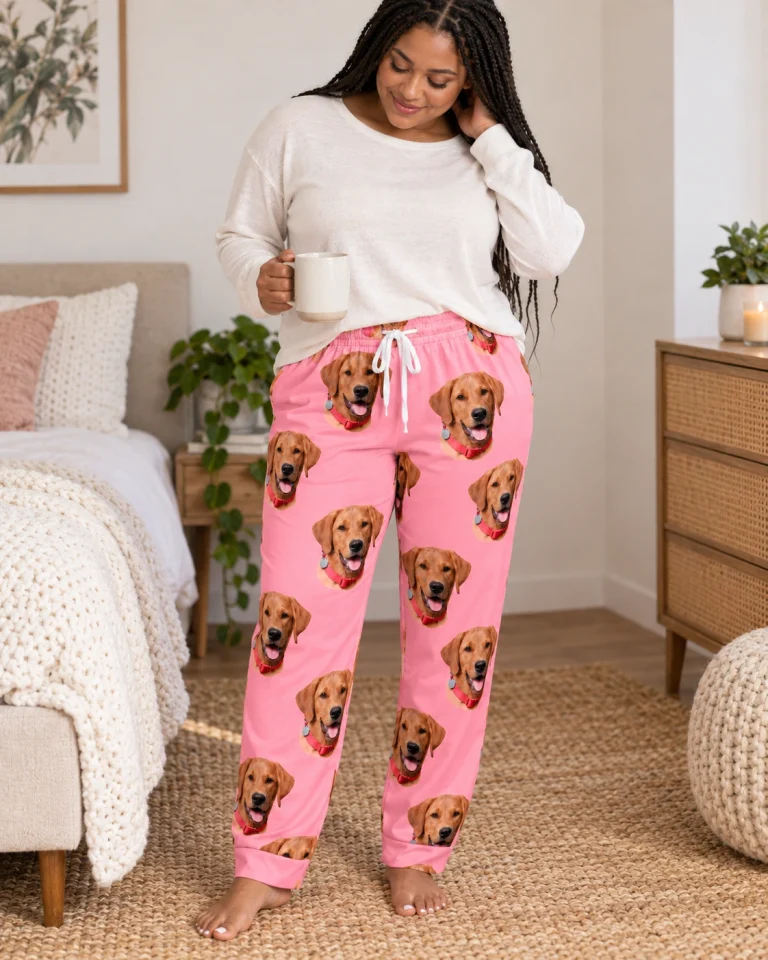 Woman wearing red pajama pants covered in golden retriever faces on pink fabric — MyDogPics