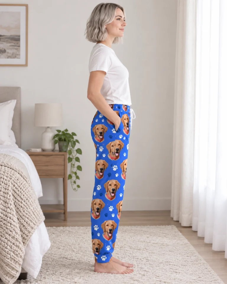 Side view of red pajama pants with golden retriever faces on royal blue paw-print fabric — MyDogPics