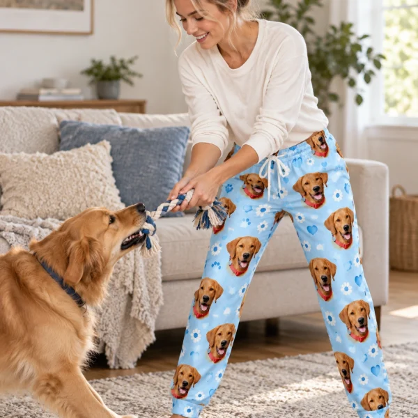 Woman in red pajama pants with her golden retriever — MyDogPics