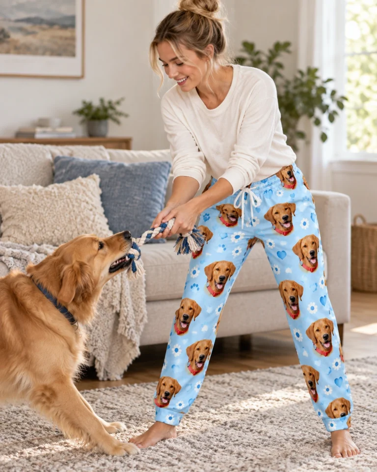 Woman in red pajama pants with her golden retriever — MyDogPics
