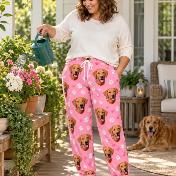 Woman in red pajama pants with her golden retriever — MyDogPics