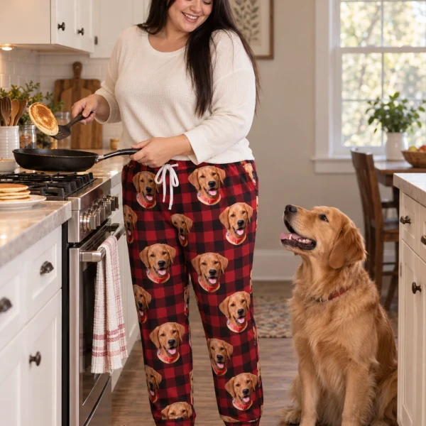 Woman in red pajama pants standing next to her golden retriever — MyDogPics