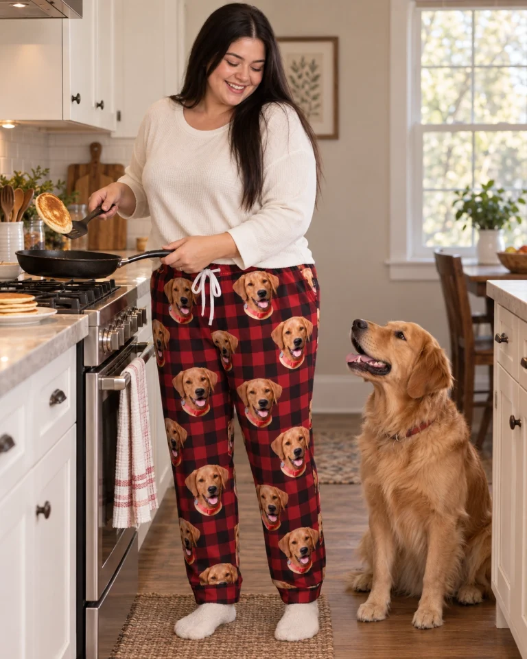 Woman in red pajama pants standing next to her golden retriever — MyDogPics