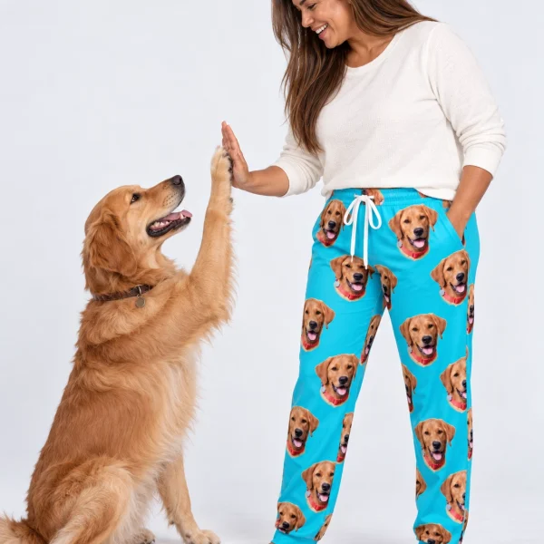 Woman in red pajama pants with her golden retriever — MyDogPics