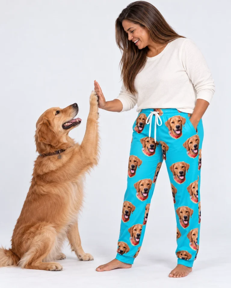 Woman in red pajama pants with her golden retriever — MyDogPics