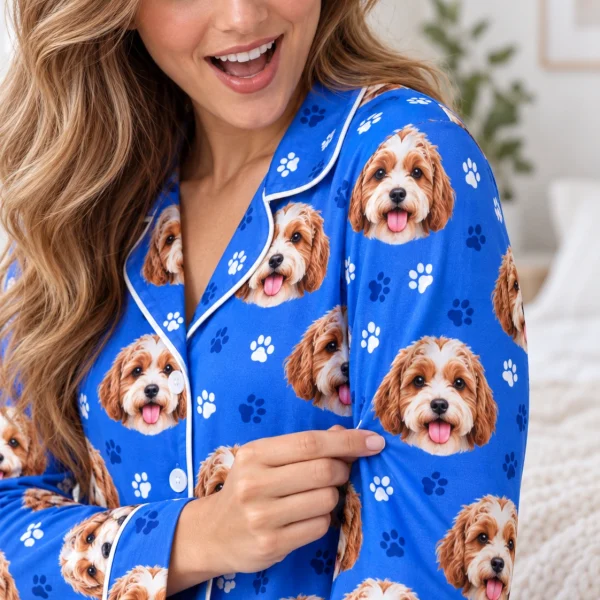 Close-up of the red pajamas print: doodle puppy faces on royal blue paw-print fabric with contrast piping — MyDogPics