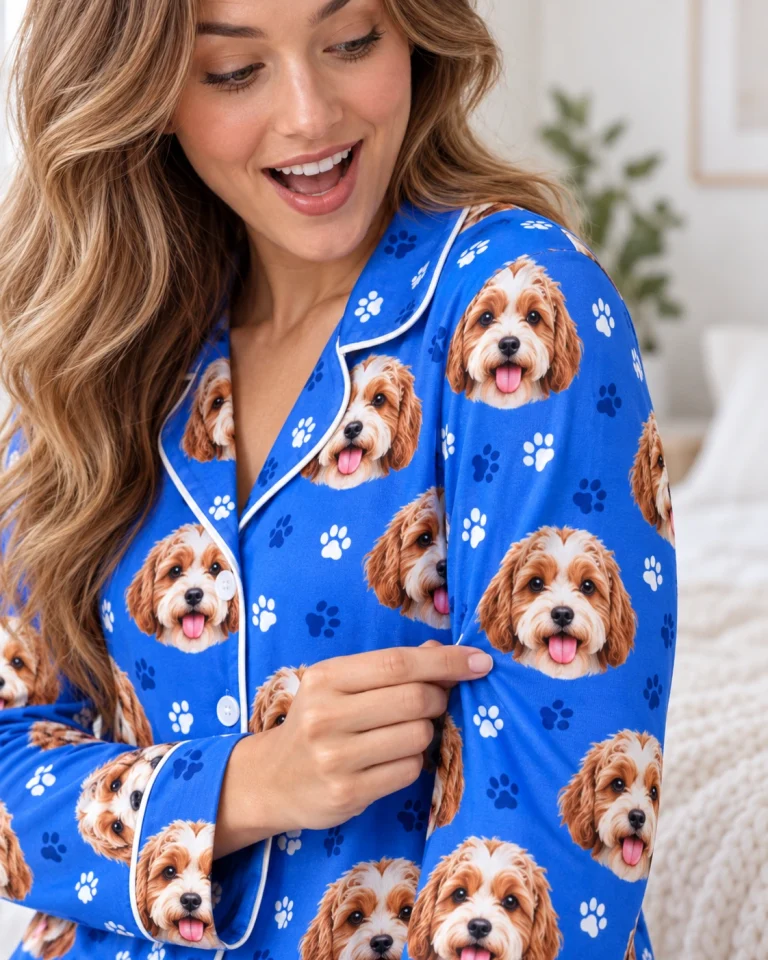 Close-up of the red pajamas print: doodle puppy faces on royal blue paw-print fabric with contrast piping — MyDogPics