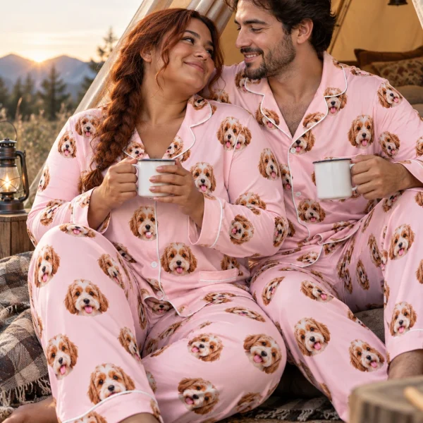 Woman and her partner in matching red pajamas with doodle puppy faces on blush pink fabric with contrast piping — MyDogPics