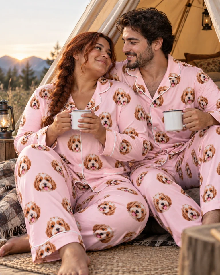 Woman and her partner in matching red pajamas with doodle puppy faces on blush pink fabric with contrast piping — MyDogPics