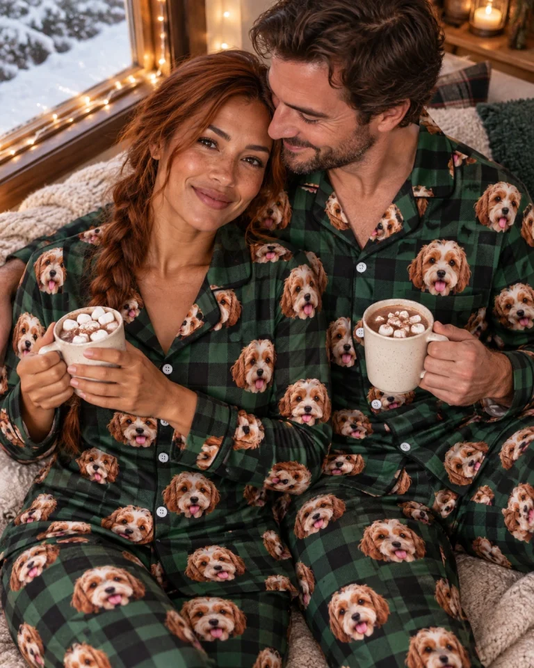 Woman and her partner in matching red pajamas with doodle puppy faces on green plaid fabric with contrast piping — MyDogPics