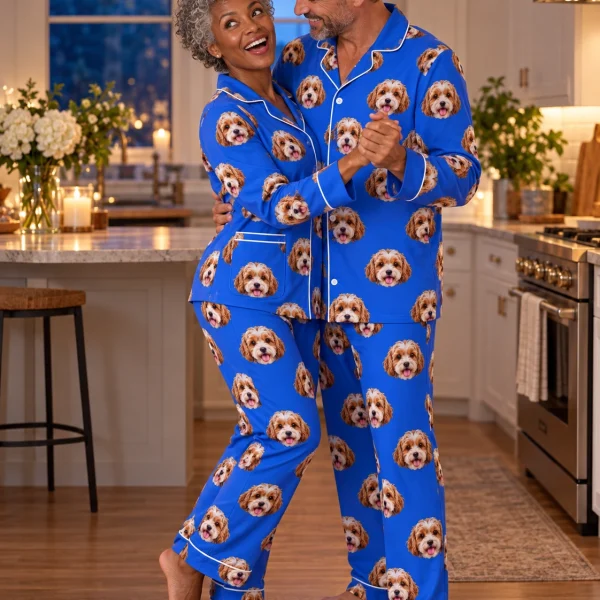 Woman and her partner in matching red pajamas with doodle puppy faces on royal blue fabric with contrast piping — MyDogPics