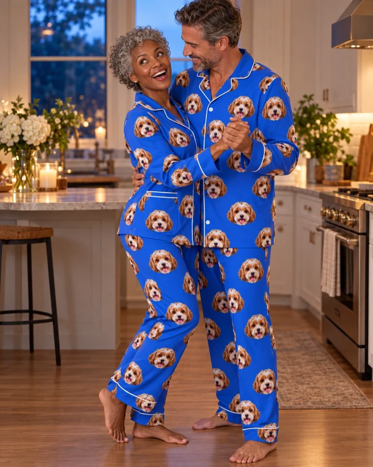 Woman and her partner in matching red pajamas with doodle puppy faces on royal blue fabric with contrast piping — MyDogPics
