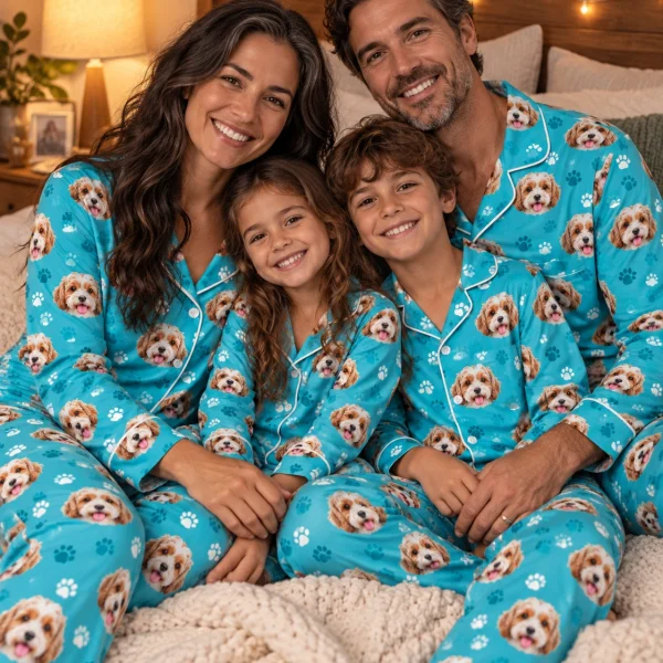 Woman and her family in matching red pajamas with doodle puppy faces — MyDogPics