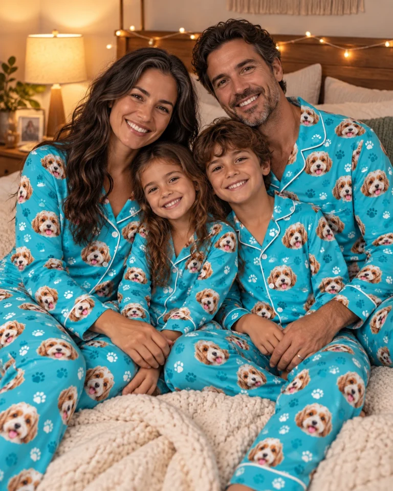 Woman and her family in matching red pajamas with doodle puppy faces — MyDogPics
