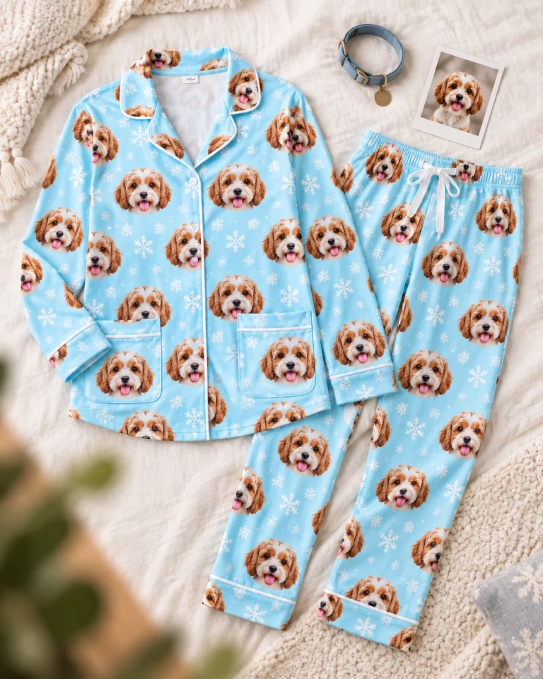 Flat lay of red pajamas: shirt and pants covered in doodle puppy faces — MyDogPics
