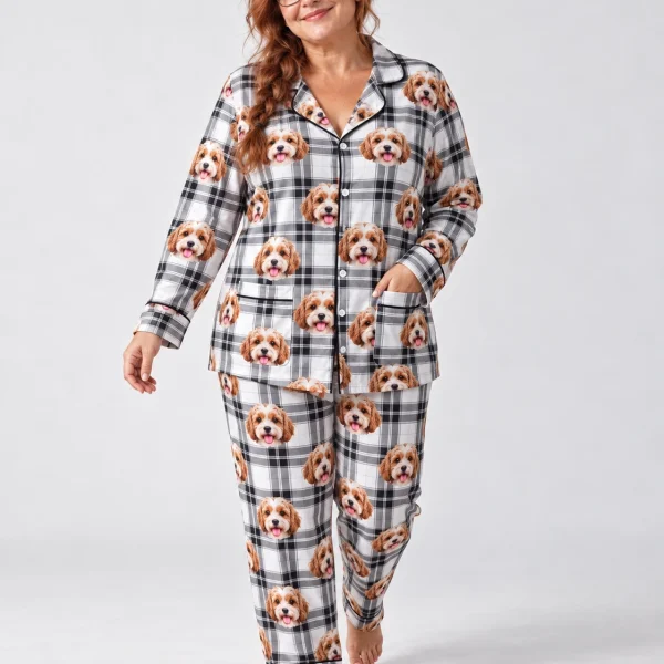 Woman wearing red pajamas covered in doodle puppy faces on white plaid fabric with contrast piping — MyDogPics