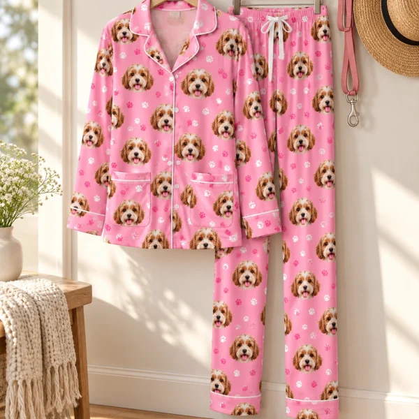 Red pajamas shirt and pants hanging up, covered in doodle puppy faces — MyDogPics