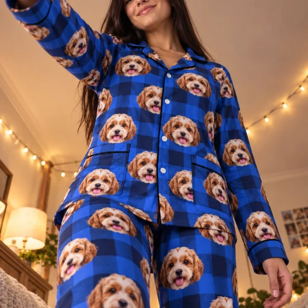 Woman posing in red pajamas, doodle puppy faces on blue plaid fabric with contrast piping — MyDogPics