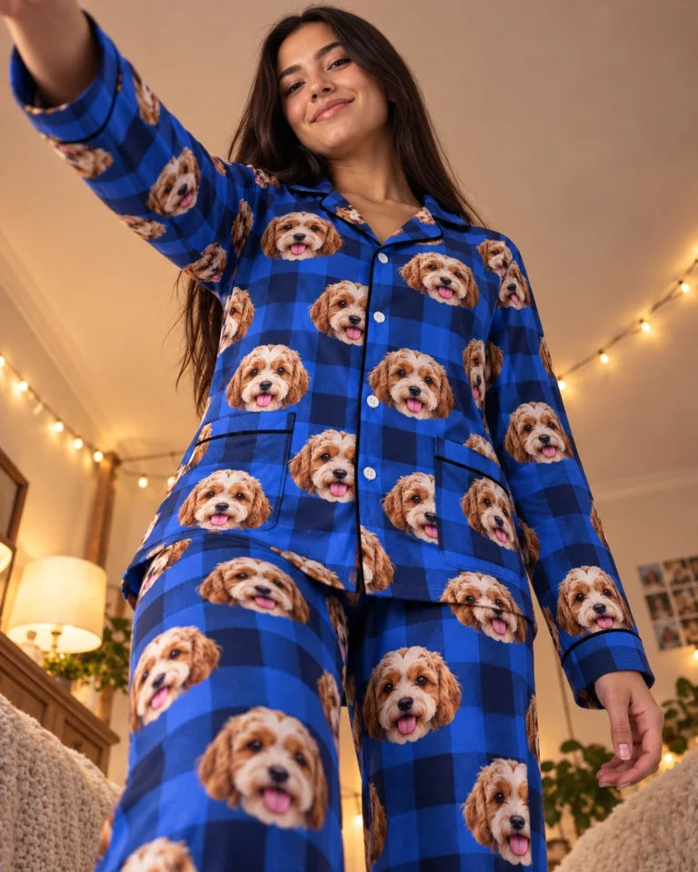 Woman posing in red pajamas, doodle puppy faces on blue plaid fabric with contrast piping — MyDogPics