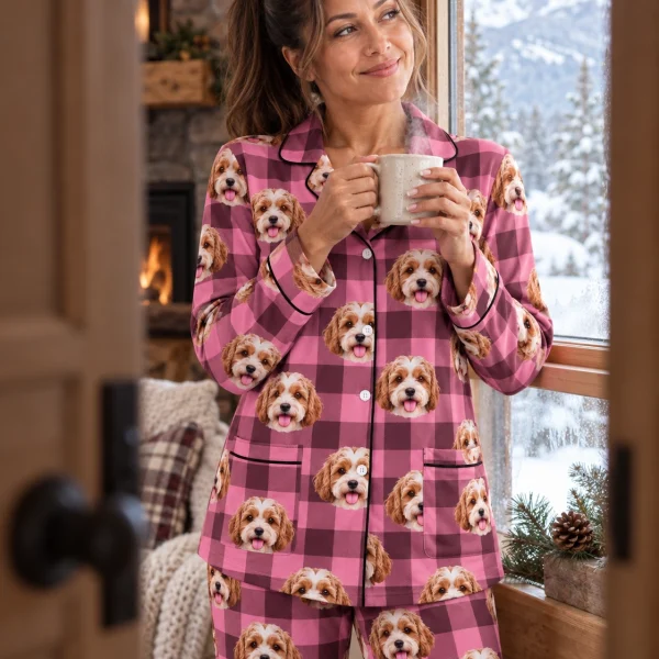 Woman posing in red pajamas, doodle puppy faces on pink plaid fabric with contrast piping — MyDogPics