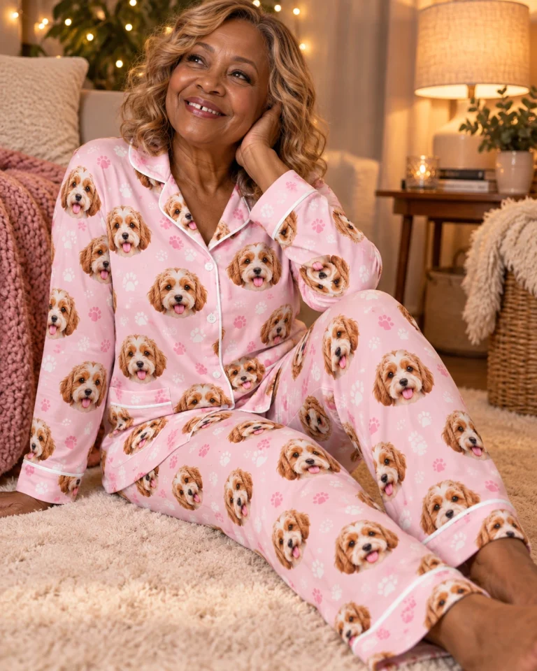 Side view of red pajamas with doodle puppy faces on blush pink paw-print fabric with contrast piping — MyDogPics
