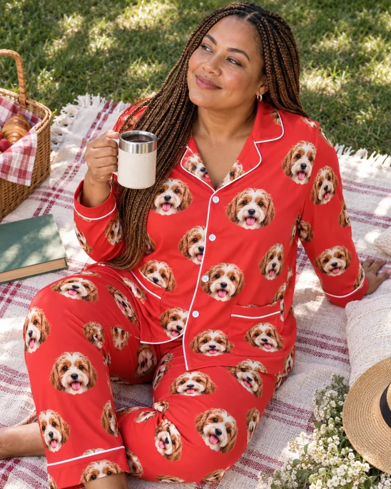 Woman sitting in red pajamas covered in doodle puppy faces — MyDogPics
