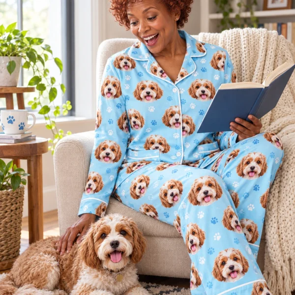 Woman in red pajamas with her doodle puppy — MyDogPics