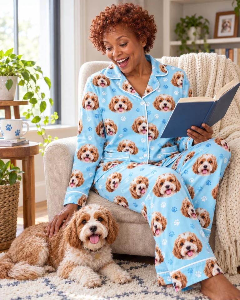 Woman in red pajamas with her doodle puppy — MyDogPics