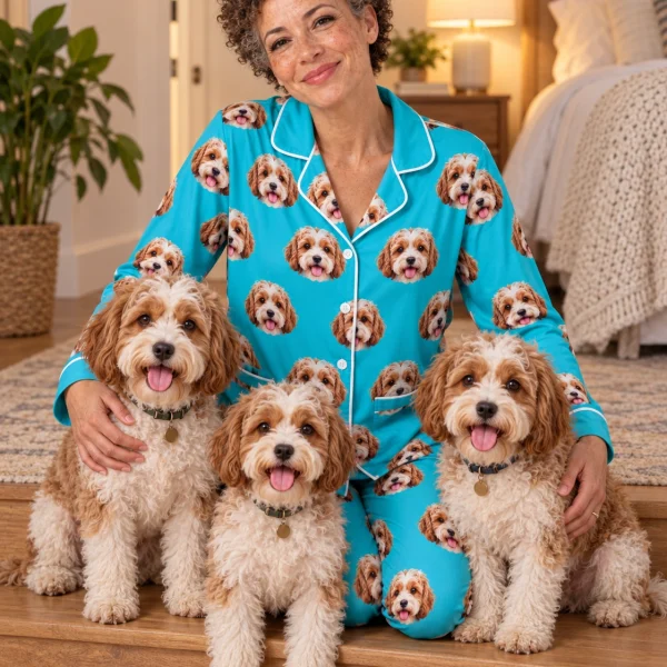 Woman in red pajamas with her doodle puppy — MyDogPics