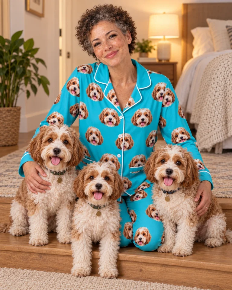 Woman in red pajamas with her doodle puppy — MyDogPics