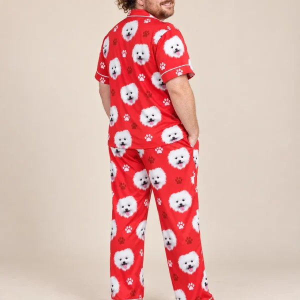 Back view of red satin pajamas: the print continues all the way round — MyDogPics