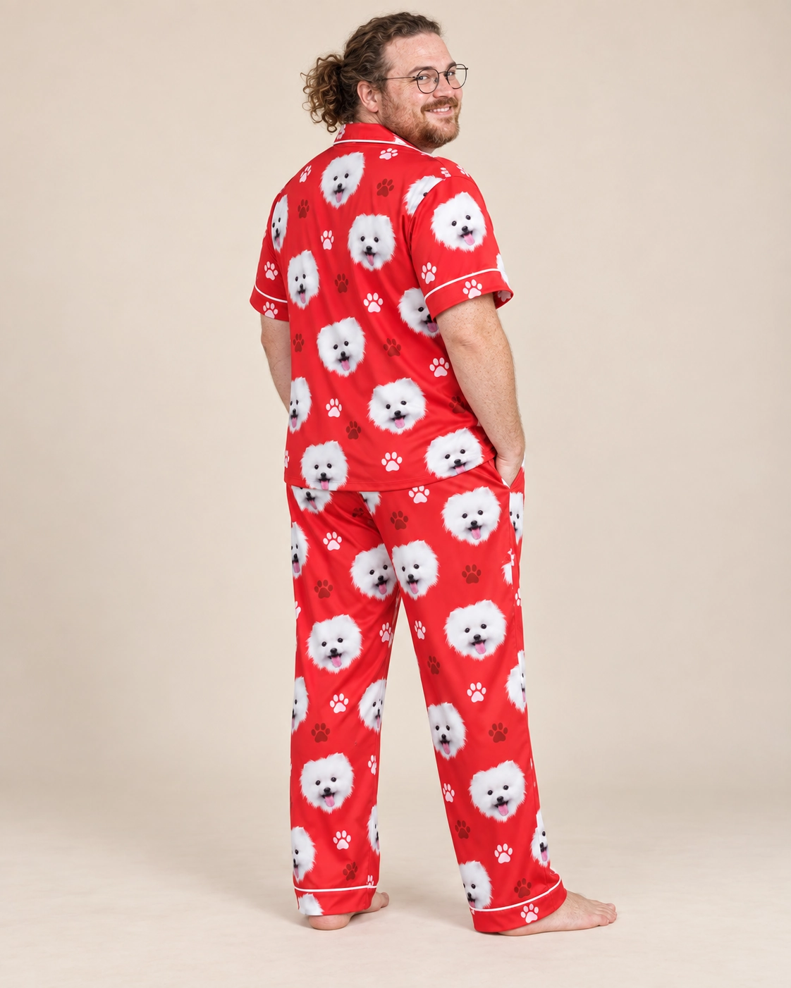 Red Satin Pajamas – Back View, Red Paw-Print | MyDogPics Back view of red satin pajamas: the print continues all the way round — MyDogPics