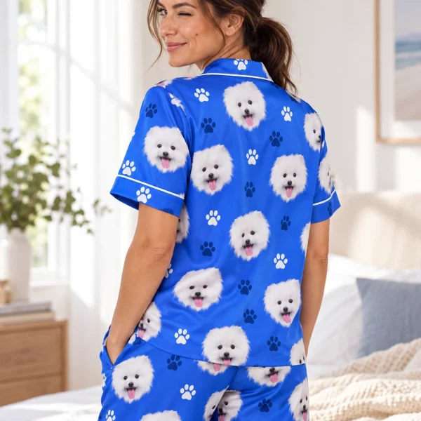 Back view of red satin pajamas: the print continues all the way round — MyDogPics