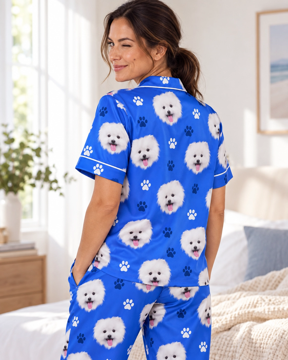 Red Satin Pajamas – Back View, Royal Blue Paw-Print | MyDogPics Back view of red satin pajamas: the print continues all the way round — MyDogPics