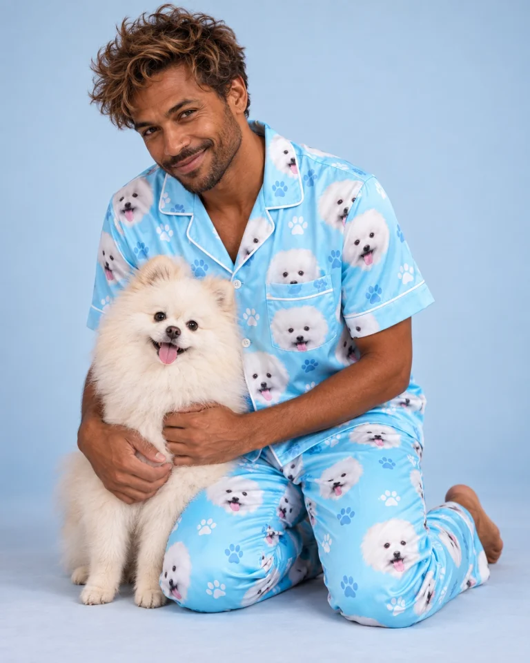 Man in red satin pajamas cuddling his Pomeranian — MyDogPics
