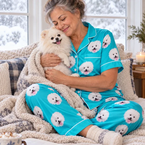 Woman in red satin pajamas cuddling her Pomeranian — MyDogPics