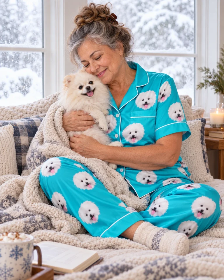 Woman in red satin pajamas cuddling her Pomeranian — MyDogPics