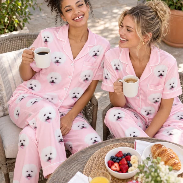 Woman and a friend in matching red satin pajamas with white Pomeranian faces on blush pink satin — MyDogPics