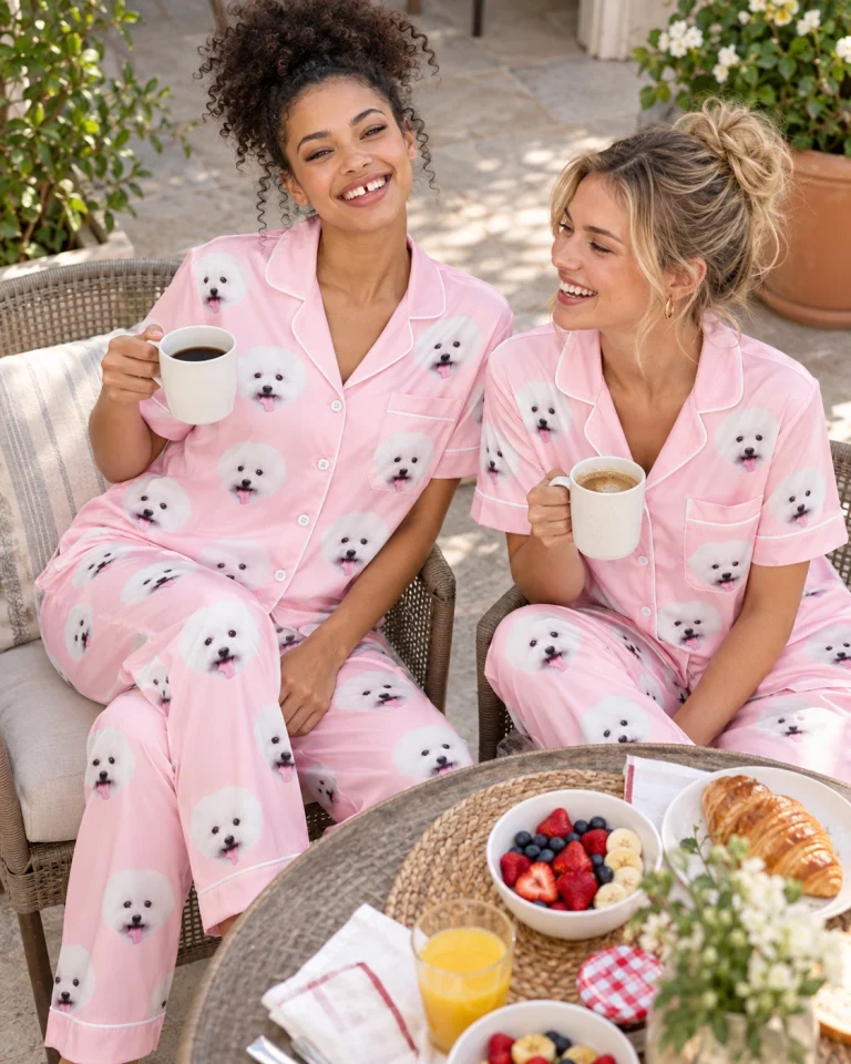 Woman and a friend in matching red satin pajamas with white Pomeranian faces on blush pink satin — MyDogPics