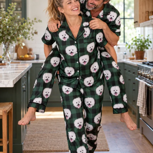 Woman and her partner in matching red satin pajamas with white Pomeranian faces on green plaid satin — MyDogPics