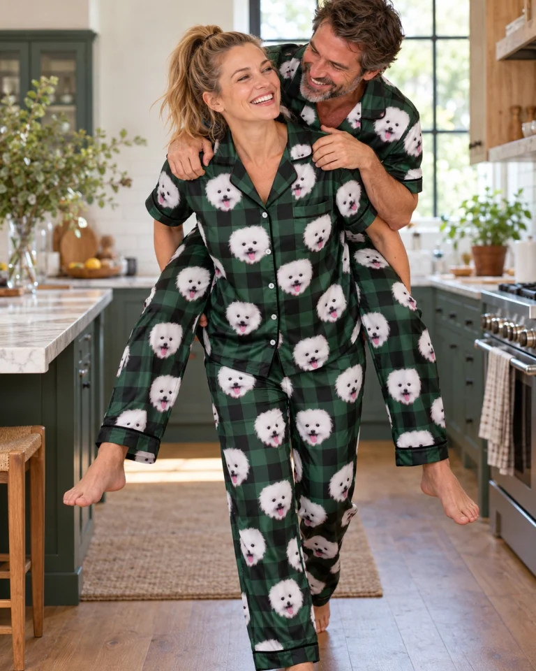 Woman and her partner in matching red satin pajamas with white Pomeranian faces on green plaid satin — MyDogPics