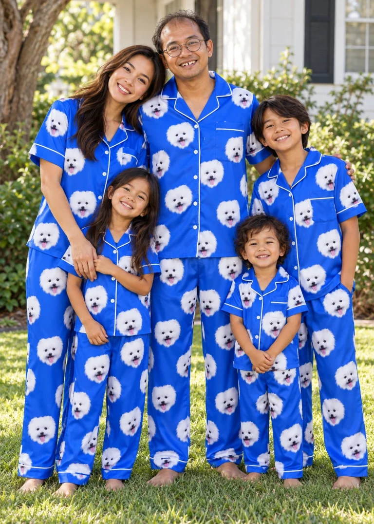 Man and his family in matching red satin pajamas with white Pomeranian faces on royal blue satin — MyDogPics