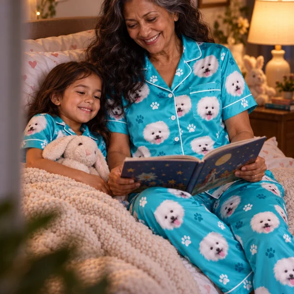 Woman and a child in matching red satin pajamas with white Pomeranian faces on teal paw-print satin — MyDogPics