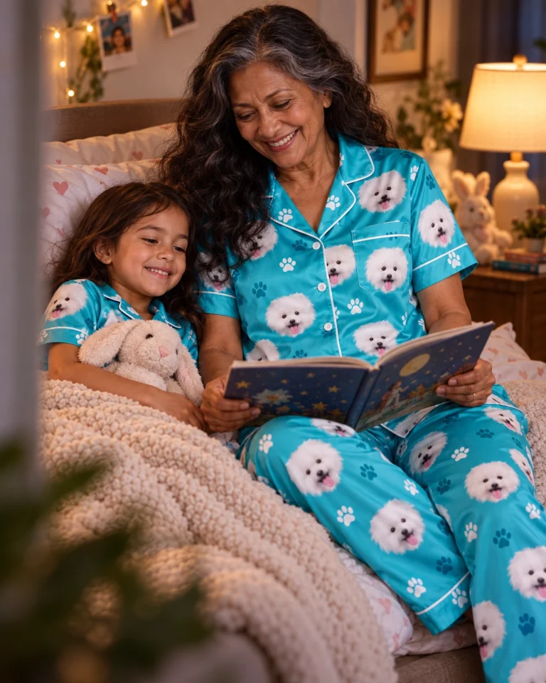 Woman and a child in matching red satin pajamas with white Pomeranian faces on teal paw-print satin — MyDogPics