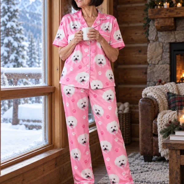 Woman wearing red satin pajamas covered in white Pomeranian faces on pink paw-print satin — MyDogPics