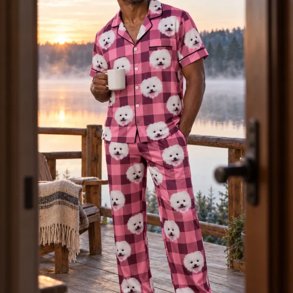 Man wearing red satin pajamas covered in white Pomeranian faces on pink plaid satin — MyDogPics