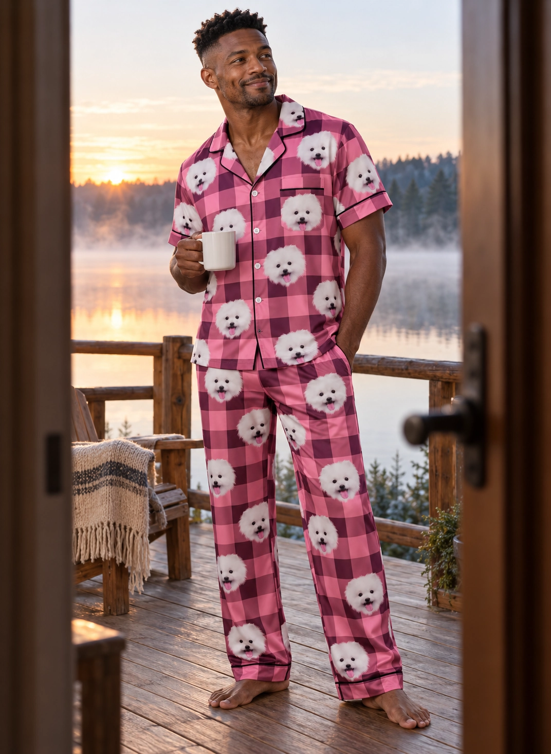 Red Satin Pajamas – Front View, Pink Plaid | MyDogPics Man wearing red satin pajamas covered in white Pomeranian faces on pink plaid satin — MyDogPics