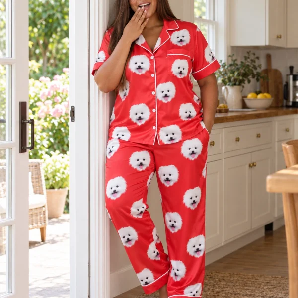 Woman wearing red satin pajamas covered in white Pomeranian faces on red satin — MyDogPics