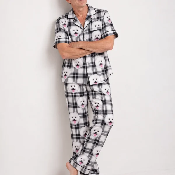 Man wearing red satin pajamas covered in white Pomeranian faces on white plaid satin — MyDogPics