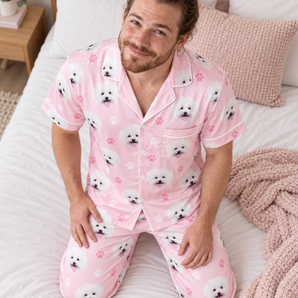 Man posing in red satin pajamas, white Pomeranian faces on blush pink paw-print satin — MyDogPics
